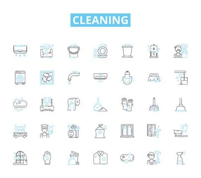 Cleaning linear icons set. Scrubbing, Polishing, Dusting, Sweeping, Mopping Illustrazione stock