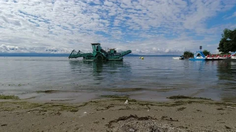 Cleaning machine boat removing pollution and algae from lake water Video stock 159279831