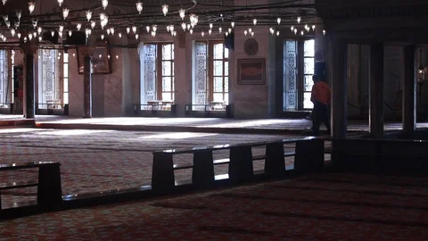 Cleaning Man in the Interior of Blue Mosque in Istanbul, Sultan Akhmet Mosque Stock Footage 87759894