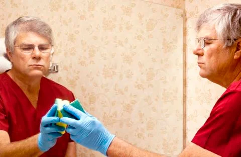 Cleaning a mirror Stock-Fotos