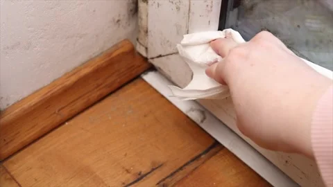 Cleaning mold from a window frame with a tissue, caused by humidity and moisture Stock Footage 304065222