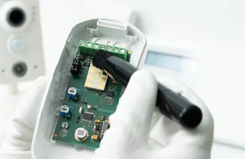 Cleaning the motion sensor of security systems. Stock Photos