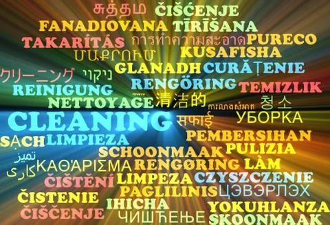 Cleaning multilanguage wordcloud background concept glowing Illustrazione stock