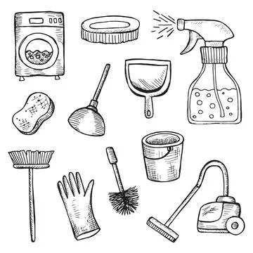 Cleaning objects set vector sketches Stock Illustration