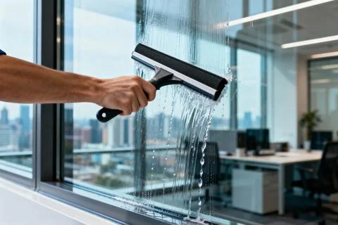 Cleaning office windows with a squeegee, showcasing a clean workspace and c.. Stock Photos