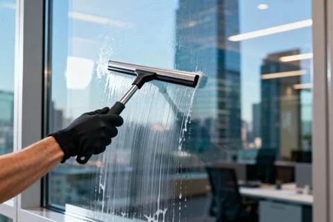 Cleaning office windows with a squeegee, view of city buildings in background Stock Photos