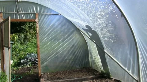 Cleaning the outside of a polytunnel Stock Footage 12307109