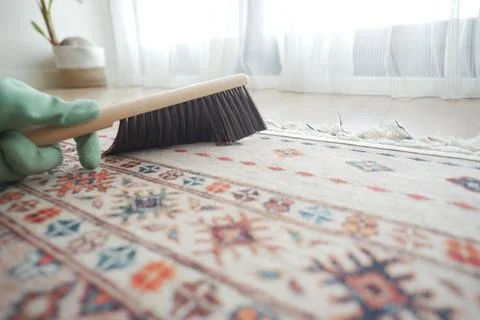 Cleaning a patterned rug with a brush in a bright room Stock Photos