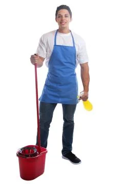Cleaning person service cleaner man job occupation young full body portrait i Stock Photos