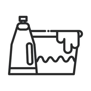 Cleaning, plastic basin with detergent bottle domestic hygiene line style icon Stockillustratie