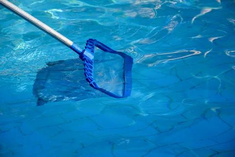 Cleaning pool from garbage with special net. Clear water with blue tint Foto stock