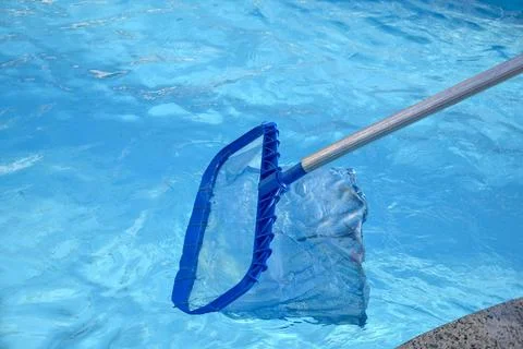 Cleaning pool from garbage with special net. Clear water with blue tint Foto stock