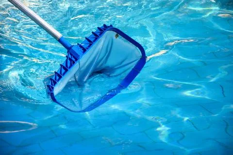 Cleaning pool from garbage with special net. Clear water with blue tint Stock-Fotos