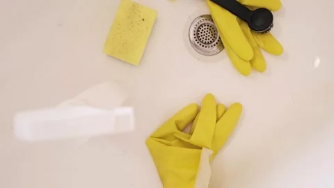 Cleaning preparation: tools and cleaning products are neatly arranged in the bat Stock Footage 303052605