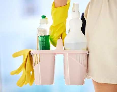 Cleaning, product and soap with hands of woman with bucket for bacteria, safety Stock Photos