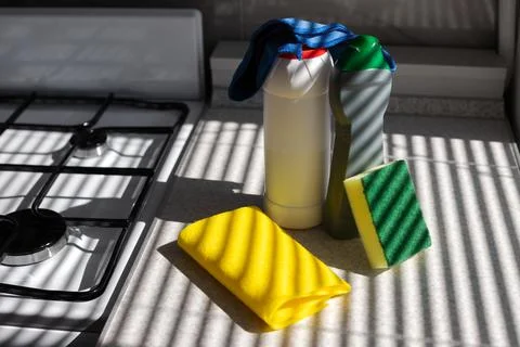 Cleaning products on the kitchen table Stock-Fotos