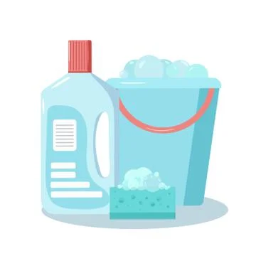 Cleaning products vector. Detergent, sponge with bubbles and bucket. Stock Illustration