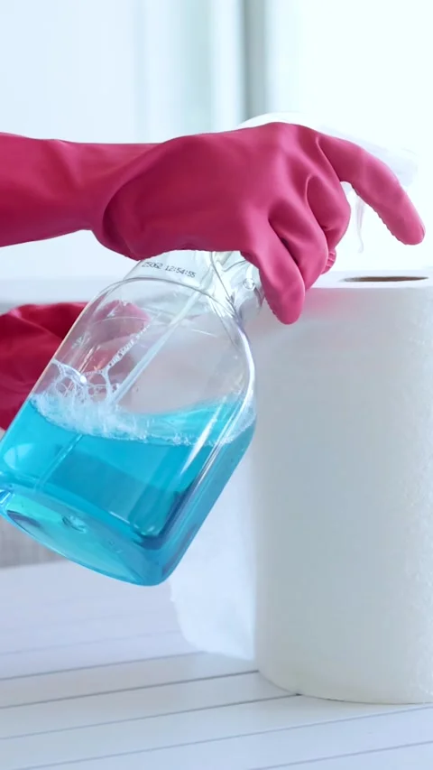 Cleaning Routine with Spray Bottle and Paper Towels Stock Footage 307826211