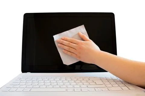 Cleaning the screen of a computer Stock Photos