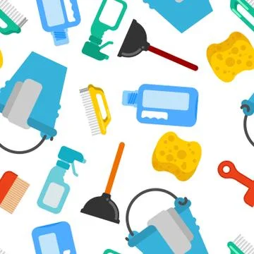 Cleaning seamless pattern. Accessories cleaner background. Brush and plunger. Illustrazione stock