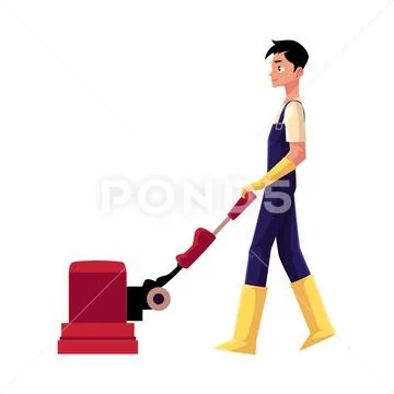 Cleaning service boy, man using floor cleaning machine, side view Stock Illustration