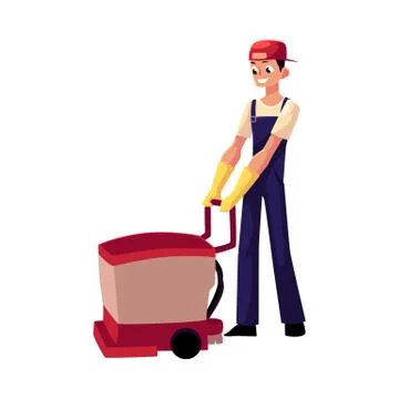 Cleaning service boy, man using floor cleaning machine, front view Stock Illustration