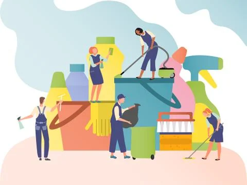 Cleaning service concept, tiny people cartoon characters in flat style イラスト素材
