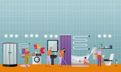 Cleaning service concept vector banner. People clean house. Apartment bathroom Stock Illustration