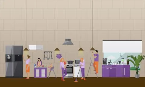 Cleaning service concept vector banner. People clean house. Apartment kitchen Stock Illustration