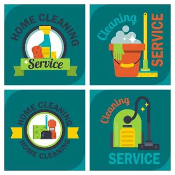 Cleaning service emblems labels design home household symbol work brush vector Stock Illustration