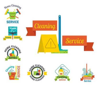 Cleaning service emblems labels design home household symbol work brush vector Stockillustratie