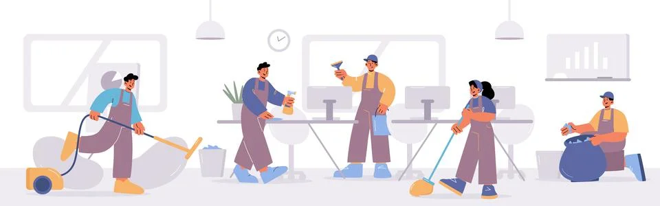 Cleaning service in office, janitors team work Stock Illustration