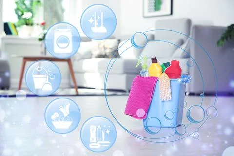 Cleaning service related icons and janitorial supplies in room Stock Photos