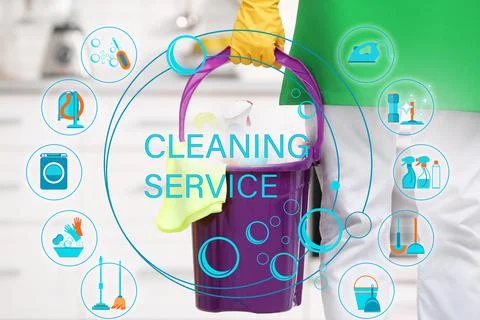 Cleaning service related icons and janitor with supplies Stock Photos