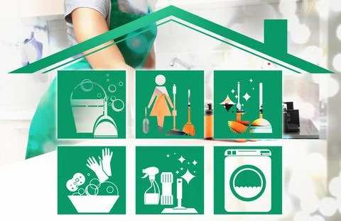 Cleaning service related icons under house roof illustration and janitor wipi Stock Photos