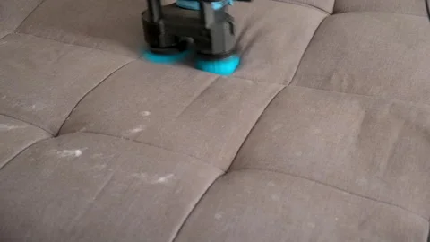 Cleaning service removing stain from sofa using electric brushing machine. Video stock 311798567