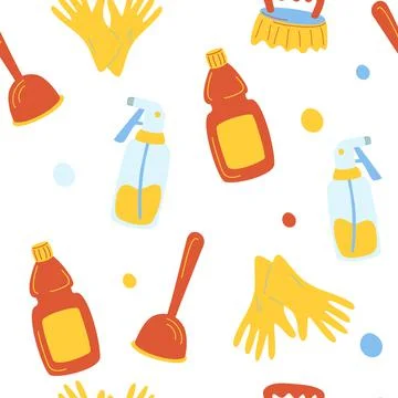 Cleaning service seamless pattern. Funny cartoon pattern of cleaning tools. E Stock Illustration
