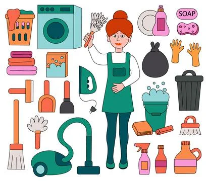 Cleaning service Set Elements. Cleaning woman with pipidastr. Housemaid. Stock Illustration
