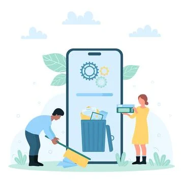Cleaning service for smartphone, tiny people clean mobile phone memory from Stock Illustration