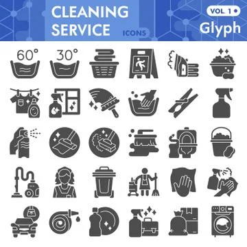 Cleaning service solid icon set, Cleaning tools symbols collection or sketches 스톡 일러스트