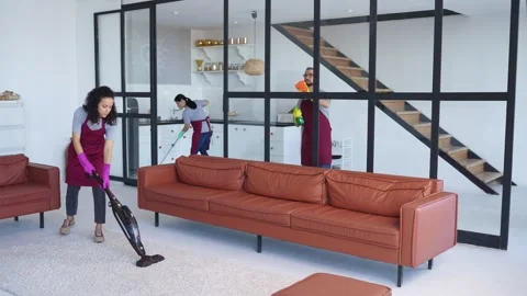 Cleaning service steam working in modern apartment Stock Footage 279492697