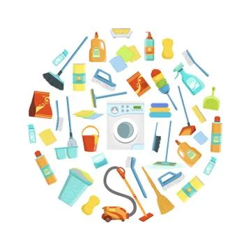 Cleaning Service Supplies Pattern of Round Shape, Housekeeping Equipment Vector Stock Illustration