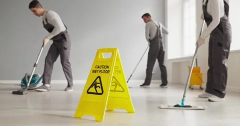 Cleaning service team mopping floor with caution wet floor sign, hygiene at work 스톡 동영상 331377793