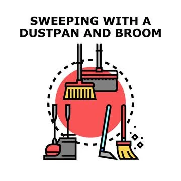 Cleaning service tools with broom and dustpan concept vector Stock Illustration
