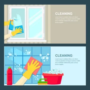 Cleaning service vector banner template. Window and bathroom tiles cleaning. Stock Illustration