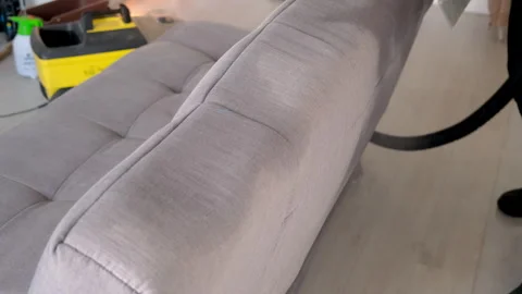 Cleaning service worker removing stain from couch using vacuum cleaner. Stock Footage 311801308