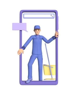 Cleaning service worker on smartphone screen Stock Illustration
