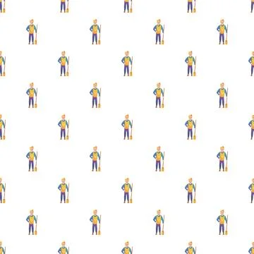 Cleaning service worker standing with broom seamless pattern Stock Illustration