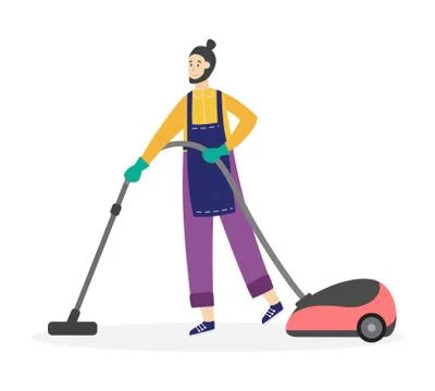 Cleaning service worker using vacuum cleaner flat vector illustration isolated. 스톡 일러스트