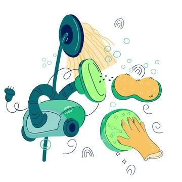 Cleaning services, cleaning tools and detergents, emblem or logo vector desig Stock Illustration